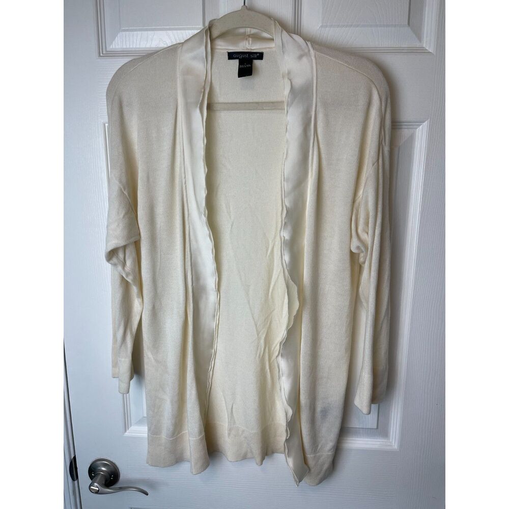 August Silk Cream Cardigan with Satin Trim – Size L